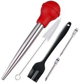Nstezrne Turkey Baster Set 5, Metal Turkey Baster Syringe for Cooking, Meat Injector Baster &2 Needles&2 Cleaning Basting Brush, 18/8 Stainless Steel Baster for Flavor Meat Poultry, Beef&Chicken Red
