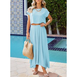 Dokotoo - Vestidos de verano para mujer, 2 piezas, con cuello redondo y falda maxi, 1 azul cielo, M