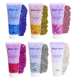Body Glitter Gel, 6Pcs 50ML Face Glitter Gel Sequins Chunky Glitter Body Gel Long Lasting Holographic Glitter Gel Festival Glitter for Face Nails Lip