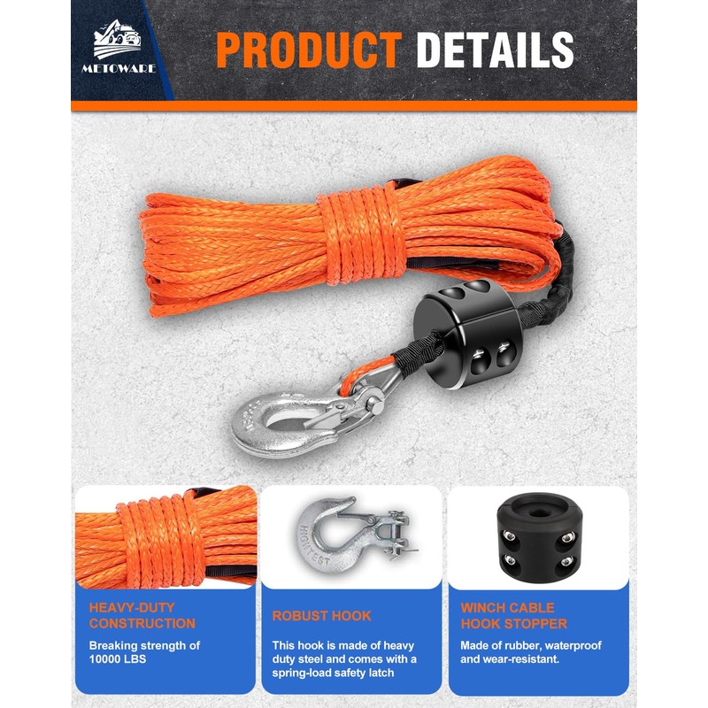 METOWARE Synthetic Winch Rope Kit, 1/4" x 50ft 10,000 LBS