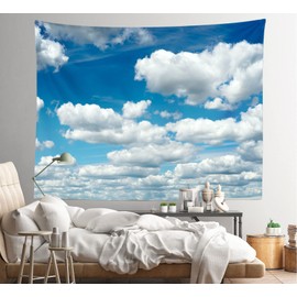 CORFOTO 80x60in Fabric Blue Sky Tapestry White Clouds Wall Picture Tapestry Wall Hanging Blue Sky Wall Tapestry for Bedroom Aesthetic Living Room College Dorm Decor Study Room Window Decor Wallpaper