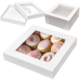 Mefleet 20Pcs 14x14x2.5 Bakery Boxes with Window Pie Boxes for Pastry Baking Cake, Cupcakes, Donuts, Cookies, Muffins Treat Packaging White Large Square