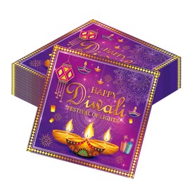 50 Pcs Happy Diwali Party Decoration, Purple Gold Disposable Napkins for Home Decoration, Fireworks Candles Festival of Lights Theme for Party Decorations Supplies