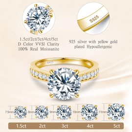 BAGUTTA PAVONE Round Moissanite Engagement Rings for Women, Women's 925 Sterling Silver with 18K Yellow Gold Plated Promise Rings for Her,D Color VVS1 Wedding Bands Moissanite Ring 3CT Size 5