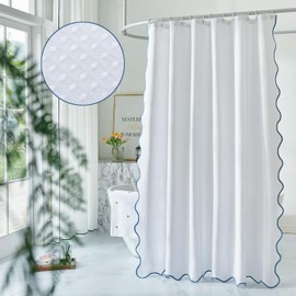 youngseahome Waffle Weave 230GSM Heavy Duty Fabric with Water Blue Scalloped Border Shower Curtain,Boho Chic Cloth Shower Curtain for Bathroom Showers,72 x 78 Inches