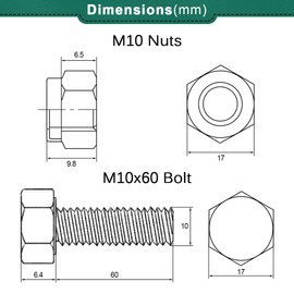 Drenky M10 Stainless Steel Hex Bolts and Lock Nuts - 60mm Machine Screws and Nut Set for Machinery, Furniture, Car, Bike, Ship, 3D Printing - 10 Pcs