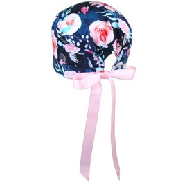 CALOMED Scrub Cap for Women, Short Hair Style Scrub Caps, Working Hat, Head Cover with Ribbons and Buttons, Short Hair (Watercolor Flowers on Navy Blue)
