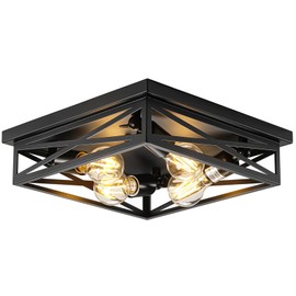 DIKAIDA 4-Light Flush Mount Ceiling Light Fixture, Kitchen Lights, Black Farmhouse Flush Mount Light Fixture, Metal Cage Closed to Ceiling Mounted Lights for Hallway Entryway E26 Base(1 Pack 13in)