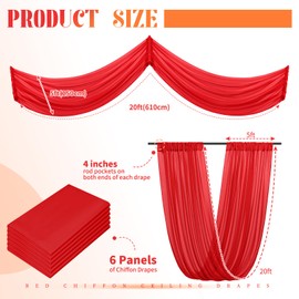 6 Panels Red Ceiling Drapes for Wedding Ceiling Drapes 5ftx20ft Wedding Arch Draping Fabric Sheer Curtains Voile Chiffon Drapery Draping Wedding Ceiling Decorations for Party Ceremony Stage
