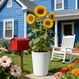 Modern Resin Tapered White Planter Hand-painted Simple Sleek Flower Pot Curved Shape American Country Front Yard Decor SunflowerColor: As picture, Size: One Size
