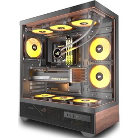 KEDIERS PC CASE ATX 5 PWM ARGB Fans Pre-Installed, Mid Tower Computer Case with Full-View Tempered Glass, Type-C,Printed Walnut Wood Panels,Support 360mm Radiator,Black Gaming Case,P6