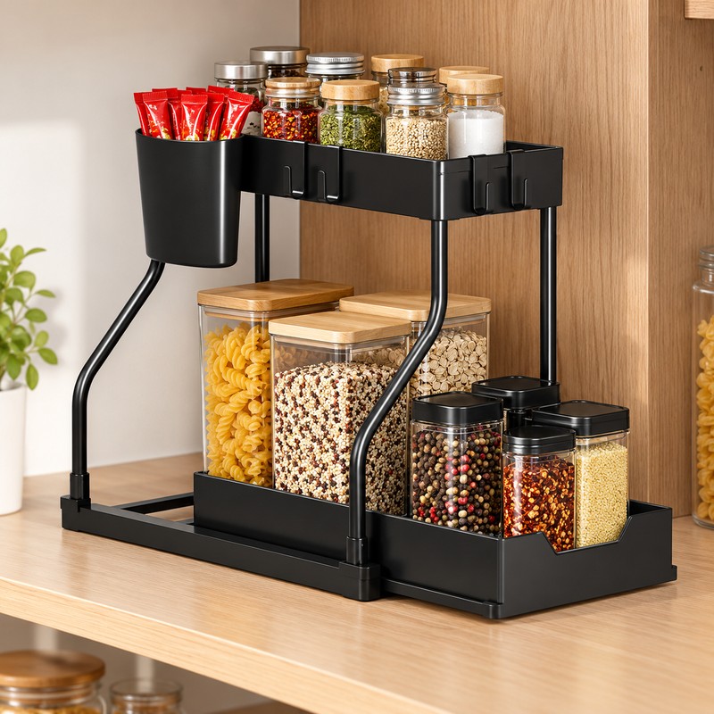 Pull-Out Cabinet Organizer for Kitchen and Bathroom Storage – Black