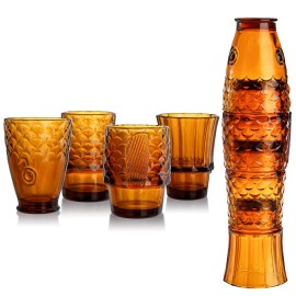 Frcctre Set of 4 Koi Fish Design Drinking Glasses, Stackable Amber Tumbler Glasses Bever