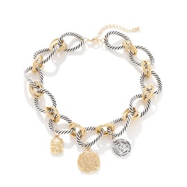 Chunky Two-Tone Chain Necklace for Women Thick Gold Silver Twisted Cable Link Coin Pendant Necklace Trendy Mixed Metal Chain Statement Choker Necklace Casual Everyday Wear Versatile Fashion Accessory Gift (gold + silver)