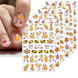 6 Sheets Cute Cartoon Giraffe Nail Stickers 3D Self-Adhesive Decals Cute Kawaii Nail Art Pizza Snack Fried Egg Design Sliders for Nails Water Transfer Decal for Women Girls Manicure Decoration