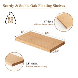 TREOAKWIS Floating Shelves, Oak Wall Shelf Rustic Floating Solid Wood Bookshelf Wall Mounted Wooden Display Shelves for Magazine Living Room Bathroom Bedroom Decor (30 CM)