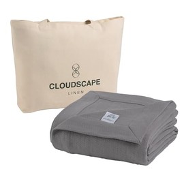 Cloud Scape Linen Queen Size Herringbone Cotton Blanket – Soft, Lightweight, All-Season Bed Blanket, 92 x 92, Sharkskin