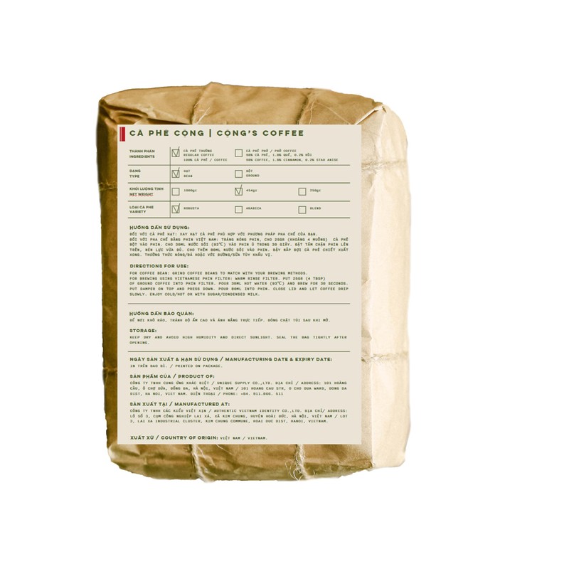 CONG CAPHE - 100% Robusta Whole Bean Vietnamese Coffee (1,