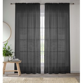 Enhanced Living Black Voile Curtains for Living Room Panel Pair - 57 Wide x 72 Drop - Plain Woven Slot Top Sheer Curtains (57"x72") 145x183cm