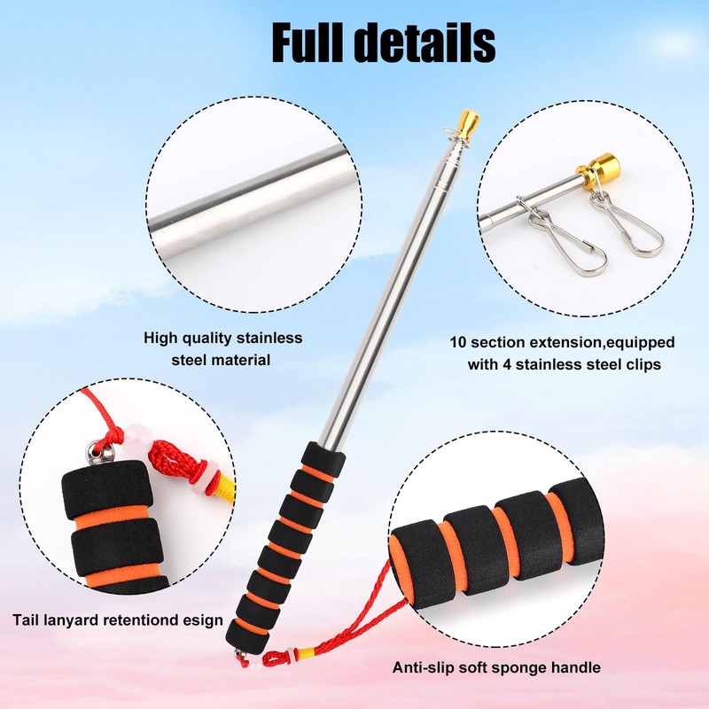 Sopoloray 9.8ft Telescopic Handheld Flagpoles with Clips,Stainless Steel Portable Flag