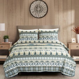Chezmoi Collection Lake 3-Piece Lodge Quilt Set Queen - Multicolor Pine Tree Fish Deer Explorer Mountain Printed Microfiber Lightweight Bedspread Set for All Season