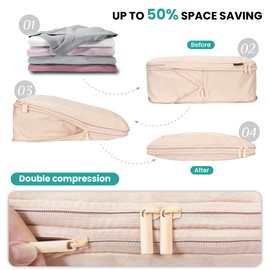 Compression Packing Cubes INNKGLE 6 Set - Beige Pink - for Suitcase Organiser Bags Travel and Home Storage, Recycled PET Fabric, Space-Saving Design, Travel Organiser Packing Bags