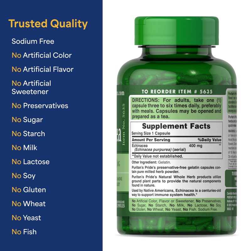 Puritan's Pride Premium Echinacea Natural Whole Herb Herbal Supplement 400mg,