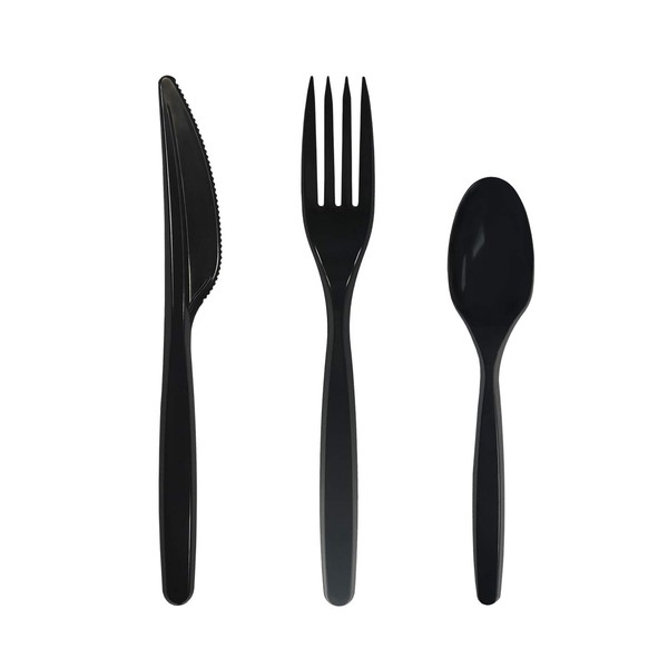 Party Essentials Plastic Cutlery Combo, Includes Knives/Forks/Spoons, 300 Pieces/100 Place Settings, Heavy Duty, Black