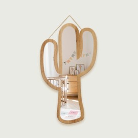 Cute Cactus Patterned Silver Natural Wood Framed Acrylic to Hanging Wall Mirror Decorative Stickers Baby Kids Teen Room Nursery Bathroom Bedroom Livingroom Decoration