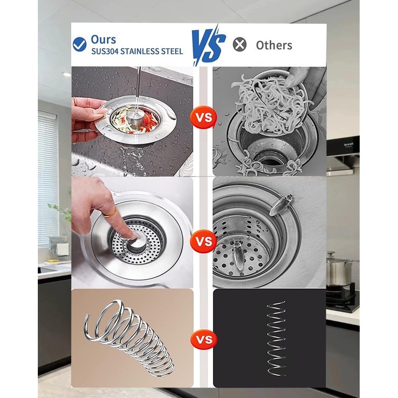 2 Pack 3 in 1 Kitchen Sink Drain Strainer &
