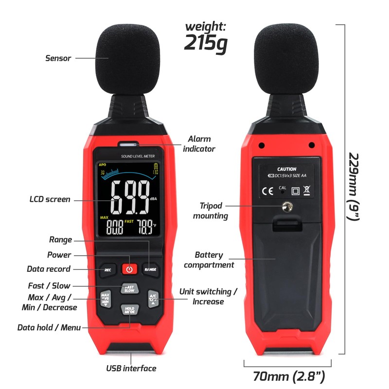 Sound Level Meter Data Logger Decibel Meter with Record Function,