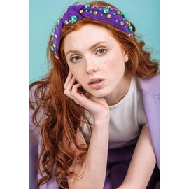 Mardi Gras Headband Purple Pearl Knotted Hairband Purple Green Gold Pearl Rhinestone Jeweled Knotted Headbands Fashion Cute Hair Bands Carnival Parade Party Mardi Gras Accessories