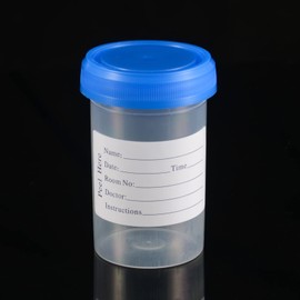 USAMILY 2oz/ 60ml Specimen Cups with Blue Leak Proof Screw On Lids, Equipped with Information Tags, Individually Packaged 10pcs (Blue lid)