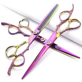 6/7 Inch Professional Hairdressing Scissors Haircut Rose Pattern Hairdressing Scissors Styling Tools Japanese Stainless Steel Scissors Set (7 Inch 3pc-B)