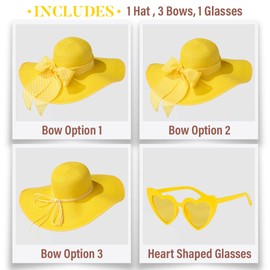 Funcredible Summer Hat for Women - Yellow Wide Brim Hat - Large Floppy Beach Hat - Straw Sun Hat with Bow and Heart Shape Glasses