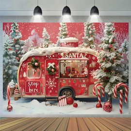 Christmas Camper Photography Backdrop Xmas Holiday Party Decorations Santa's Cartoon Camper Van Christmas Backdrop Winter Snowy Forest Trees Party Decor Banner,7x5feet