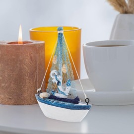 VOSAREA Wooden Sailing Boats Model with Fishing Net Anchor Shell Nautical Maritime Decoration Home Ornament Table Decoration