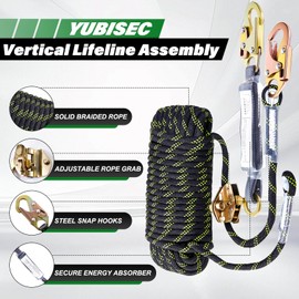 Vertical Lifeline Assembly 50FT, Polyester Rope Harness Safety with Two Grab Snap Hooks Shock Absorber, Fall Protection Safety Rope for Roofing Work, ANSI Compliant