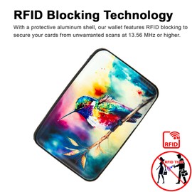 Kaabao Credit Card Holder for Women Men RFID Blocking Wallet Small Business Metal Slim Mini Aluminum Hard Case (Watercolor Painting Hummingbird)
