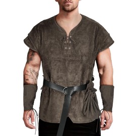 TEYHUI 5 Pcs Norse Viking costume men renaissance costume Medieval tunic Pirate costume men adult(Z3758GY,L)
