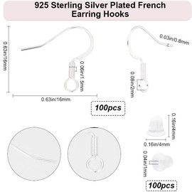Beebeecraft 1 Box 100Pcs French Earring Hooks 925 Sterling Silver Plated Brass 20 Gauge Ear Wire for DIY Jewelry Making Findings