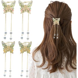 4 PCS Butterfly Tassel Hair Clips Elegant Pearl Butterfly Hair Claw Clips Metal Hair Accessories for for Thin Thick Hair Women Girls Strong Hold Non Slip Hair Accessories Clamps (Pink and Yellow Flower, One size)