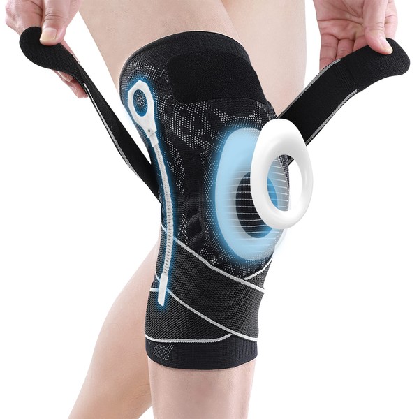 Achiou Knee Brace for Knee Pain, Adjustable Knee Compression Sleeve with Side Stabilizers & Patella Gel Pads, Knee Support Pad with Straps for Meniscus Tear, Running, Working Out, Joint Pain