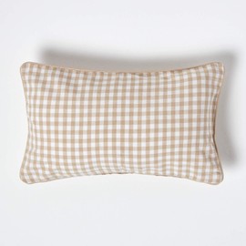 HOMESCAPES - 100% Cotton - Gingham Check - Cushion Cover - 30 x 50 cm Rectangular - 12 x 20 Inches - Beige White - 100% Cotton Sofa Pillow Cushion Cover - Washable