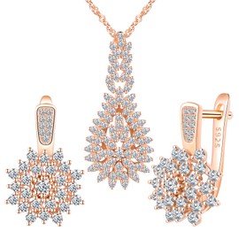 Yumilok Snowflake Leaf Drop Micro Pave Cubic Zirconia Hoop Earrings Women's 925 Sterling Silver Necklace Women's with Pendant Rose Gold, Silver