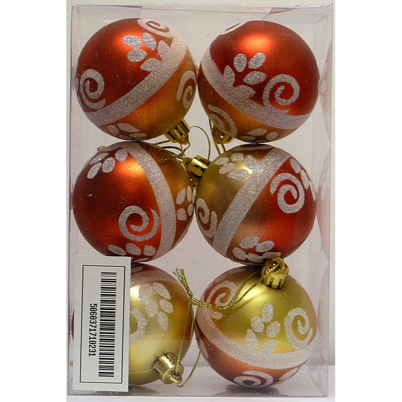 Red and gold baubles with silver design - 6 Pack