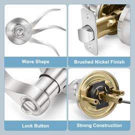Onateel 10 Pack Privacy Door Levers Brushed Nickel Door Handles, Wave Style Reversible Keyless Door Handles, Heavy Duty Interior Door Knobs for Bedroom Bathroom Doors
