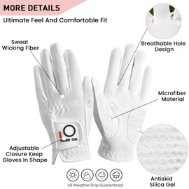 FINGER TEN Womens Golf Glove Right Handed Golfer Left Hand Rain Grip Hot Wet All Weather Value 2 Pack, Golf Gloves Breathable Flexible Gift for Ladies Women (White-1 Pair, Large)