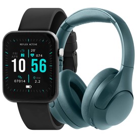 Reflex Active Series 13 Black Strap Smart Watch and Wireless Noise Cancelling Over Hear Studio Headphones Bundle Gift Set