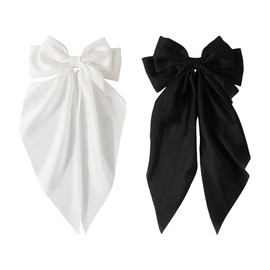 2 Pcs Large Satin Bow Hair Clips Long Ribbon Hair Bow Clips Tassel Ribbon Hair Bows Hair Pins Solid Color Bowknot Barrettes Vintage Silky Hair Accessories for Women White Black
